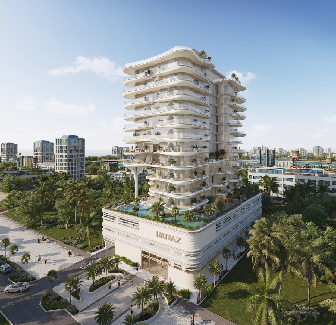 Beach Walk Residence A modern, multi-story building with curved balconies, surrounded by lush greenery and other buildings.